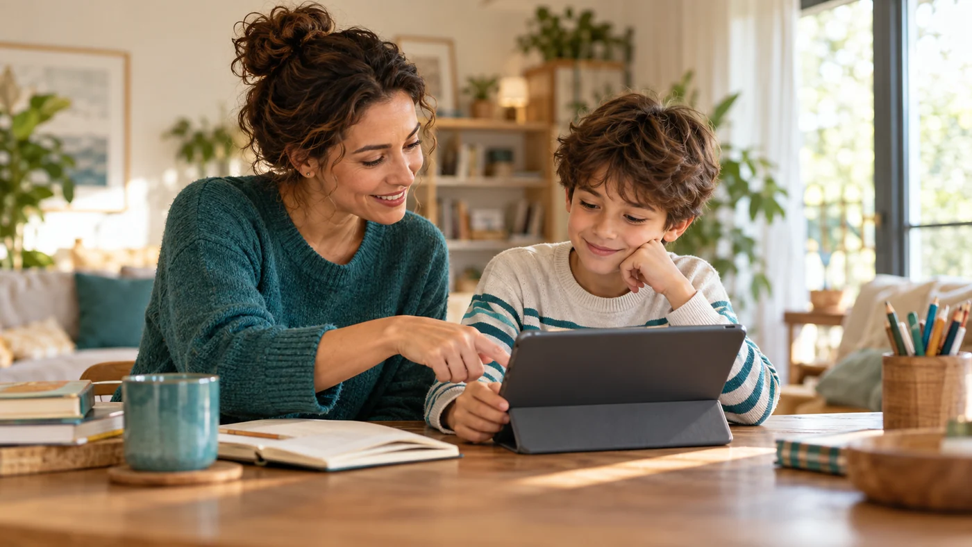 Gün ışığında tablet üzerinde birlikte çalışan ebeveyn ve çocuk.