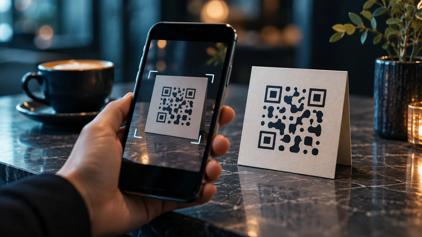 Bir telefonda taranan, temsili QR deseni bulunan masa kartı.
